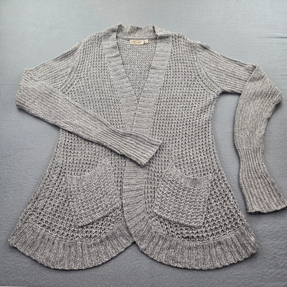 RD style Cardigan Sweater Womens Medium Gray Open Knit Ribbed Trim Acrylic